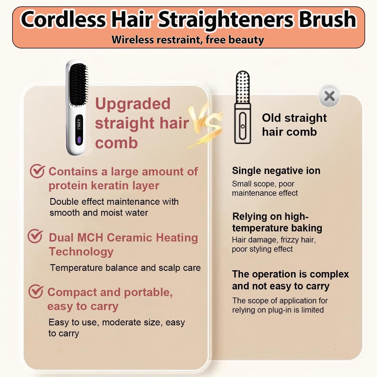 Cordless Hair Straightener Brush 3 Setting