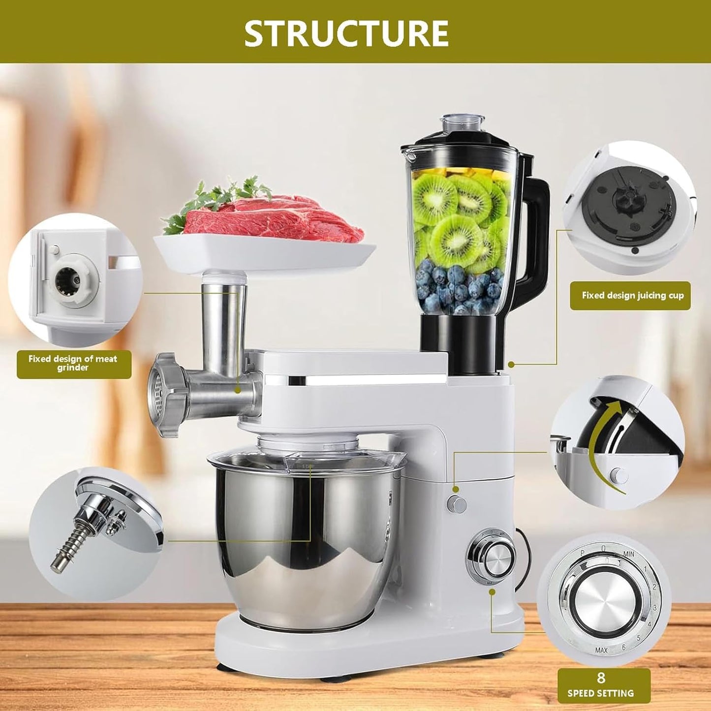 1500W 6L Kitchen Stand Mixer Stainless Steel Bowl with Blender