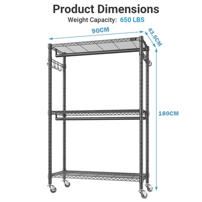 Clothes Rack Stand - Portable Closets Heavy Duty Rolling Garment Rack 3 Tiers