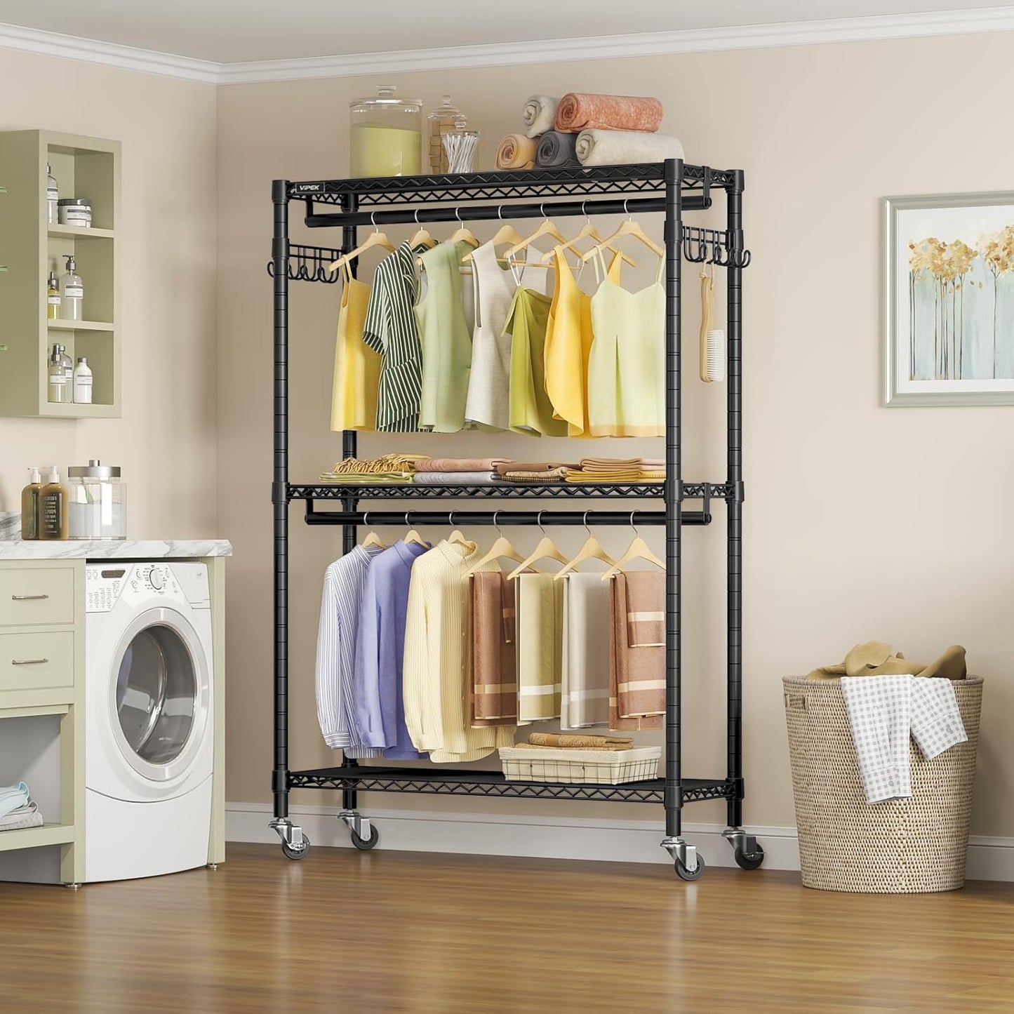 Clothes Rack Stand - Portable Closets Heavy Duty Rolling Garment Rack 3 Tiers