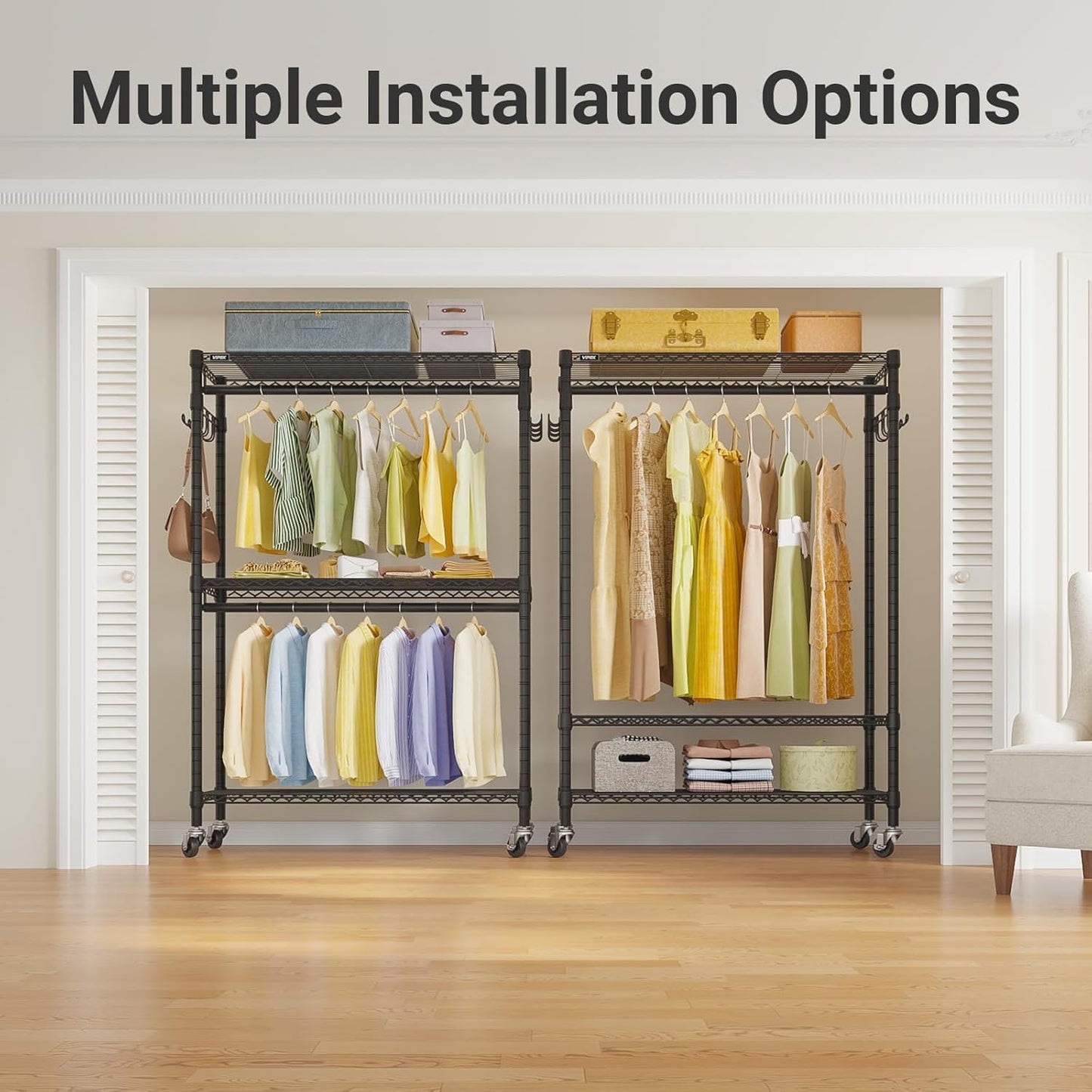 Clothes Rack Stand - Portable Closets Heavy Duty Rolling Garment Rack 3 Tiers