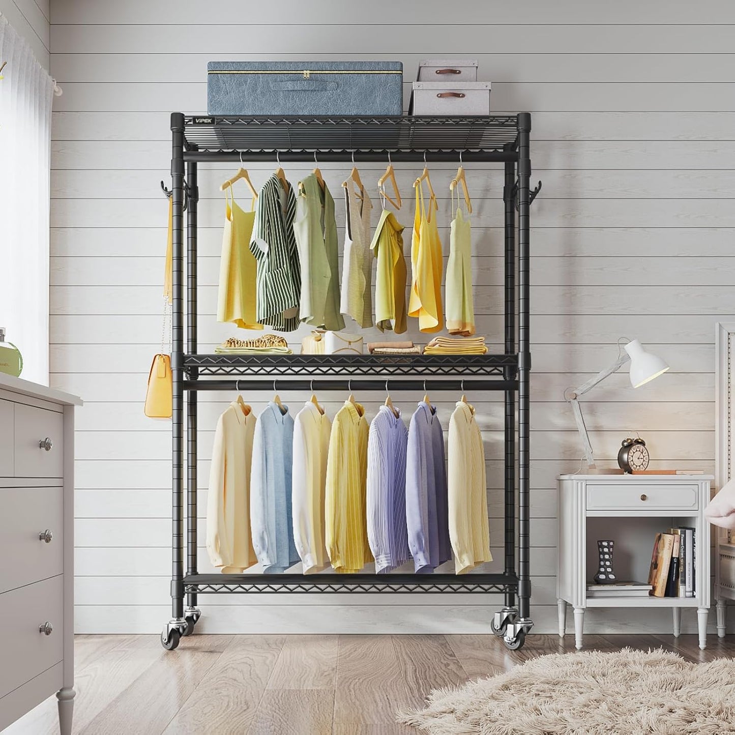 Clothes Rack Stand - Portable Closets Heavy Duty Rolling Garment Rack 3 Tiers