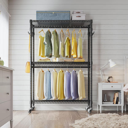 Clothes Rack Stand - Portable Closets Heavy Duty Rolling Garment Rack 3 Tiers