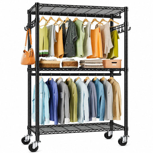 Clothes Rack Stand - Portable Closets Heavy Duty Rolling Garment Rack 3 Tiers