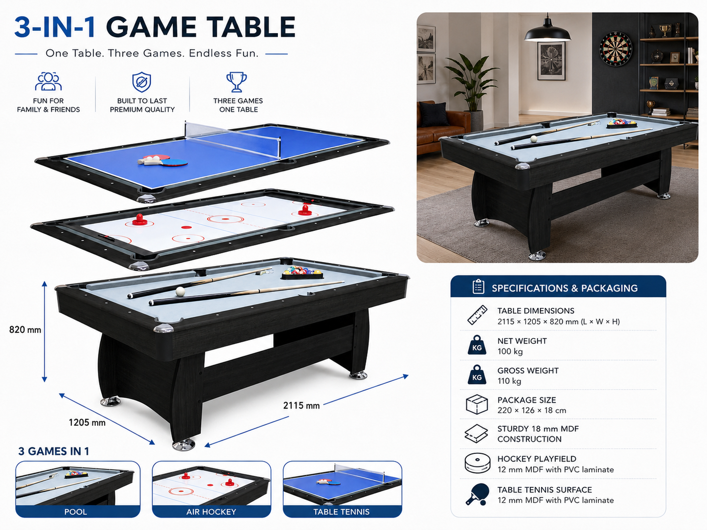 7Ft Multi Function 3 in 1 Pool Table Hockey Tennis Table With A Electronic Puck