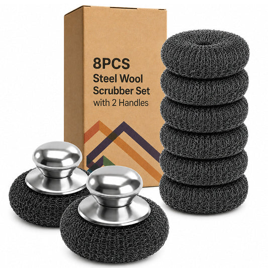 8PCS Steel Wool Scrubber Set with 2 Handles