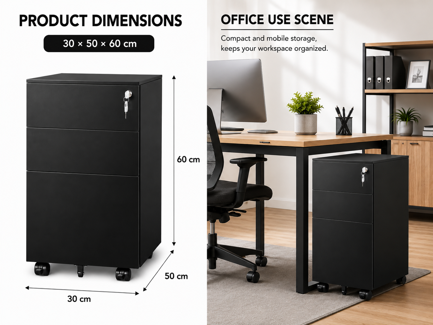 Office Filing Cabinet with Wheels, Lock File Organiser