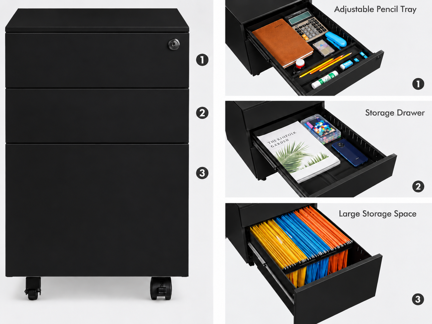 Office Filing Cabinet with Wheels, Lock File Organiser