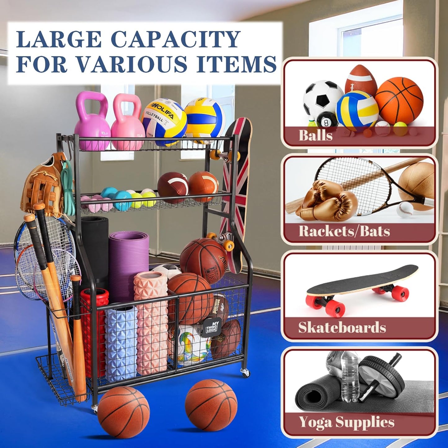 Sports Equipment Garage Organizer Rolling Ball Storage Rack