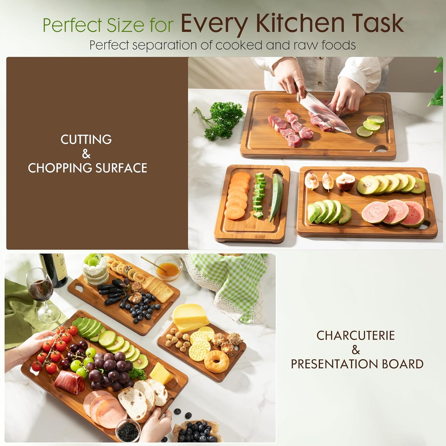 3Pcs Bamboo Chopping Board Set with Wood Storage Stand