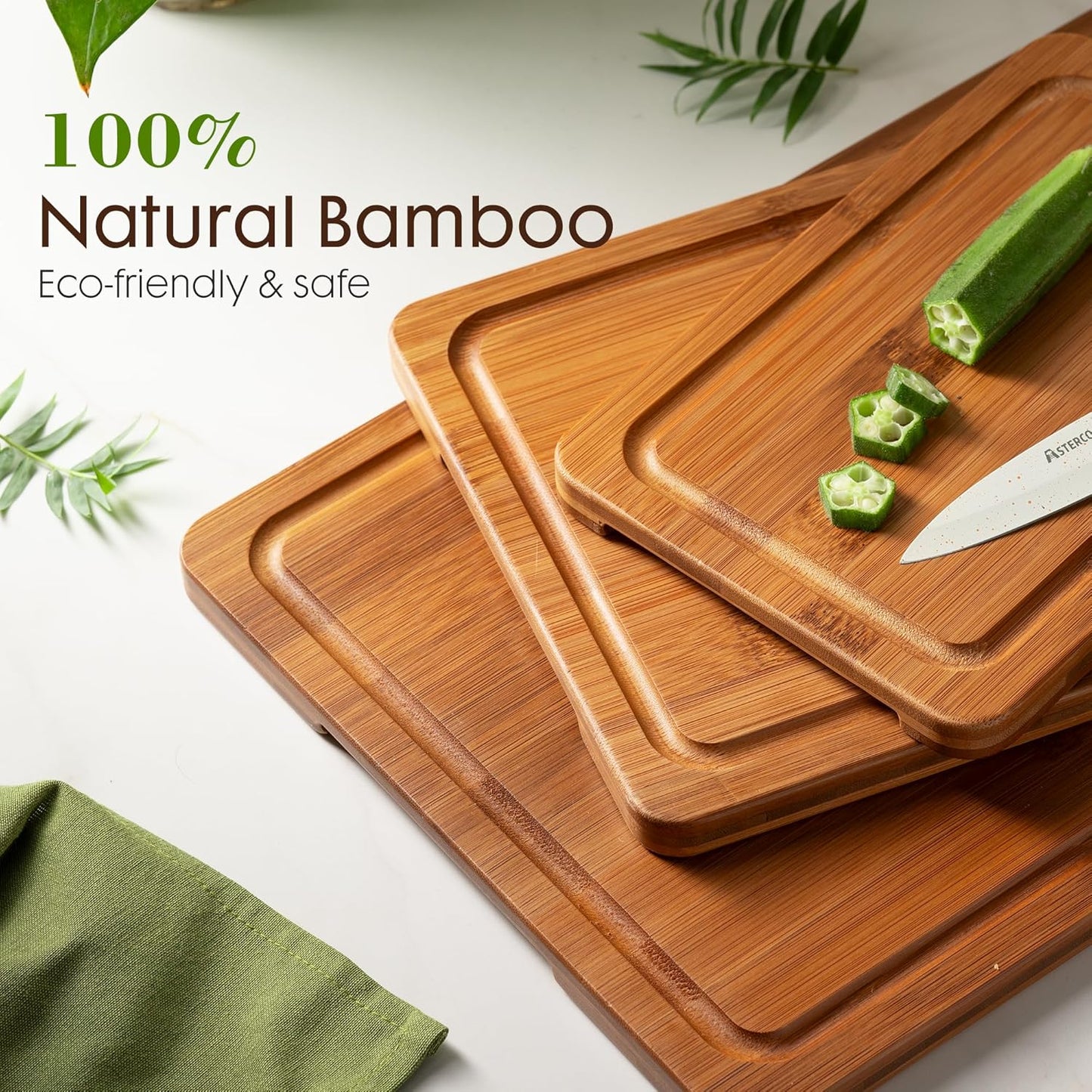 3Pcs Bamboo Chopping Board Set with Wood Storage Stand