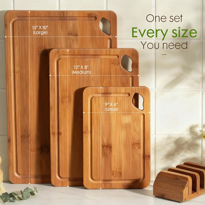 3Pcs Bamboo Chopping Board Set with Wood Storage Stand