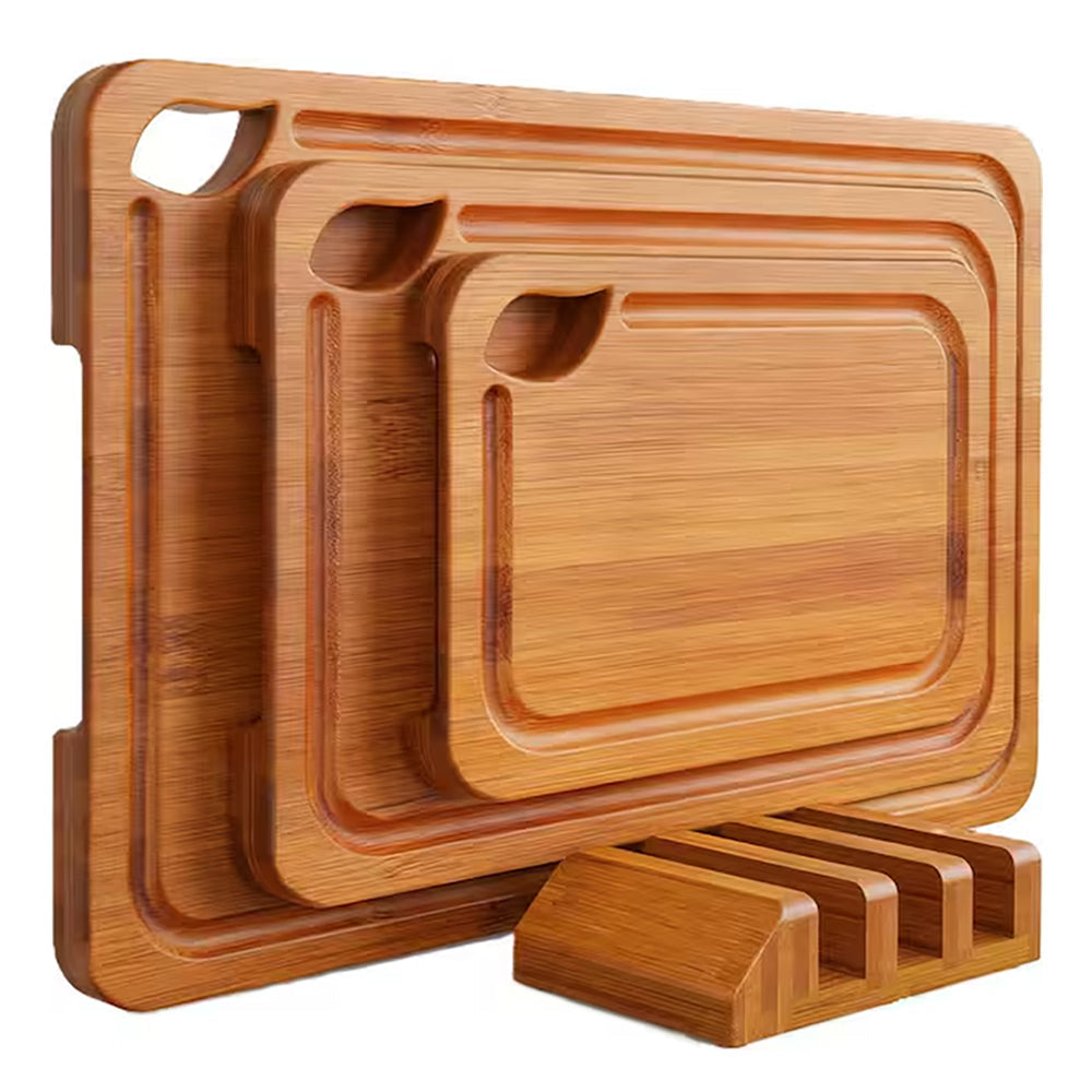 3Pcs Bamboo Chopping Board Set with Wood Storage Stand