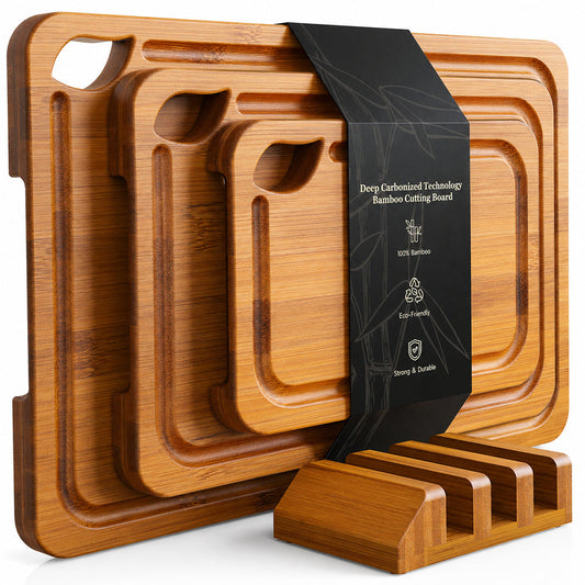 3Pcs Bamboo Chopping Board Set with Wood Storage Stand