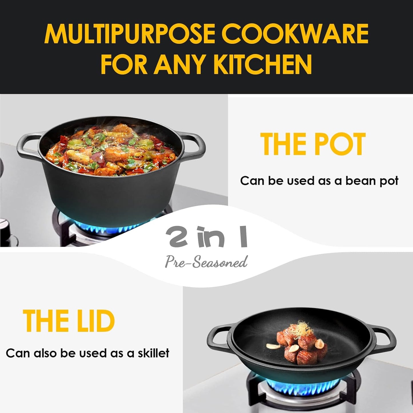Cast Iron Dutch Oven 2 in 1 Cast Iron Dutch Oven Skillet Lid Set