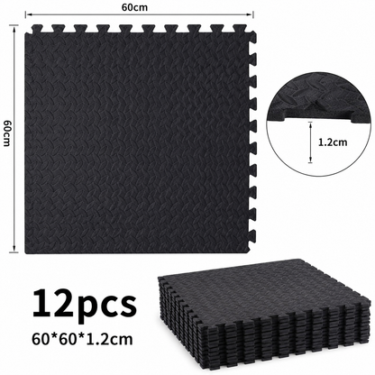12 Pack EVA Foam Gym Interlocking Floor Puzzle Mats - Black