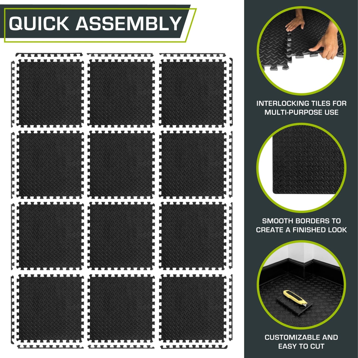 12 Pack EVA Foam Gym Interlocking Floor Puzzle Mats - Black