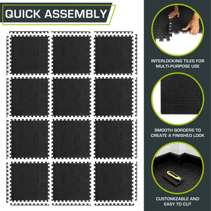 12 Pack EVA Foam Gym Interlocking Floor Puzzle Mats - Black
