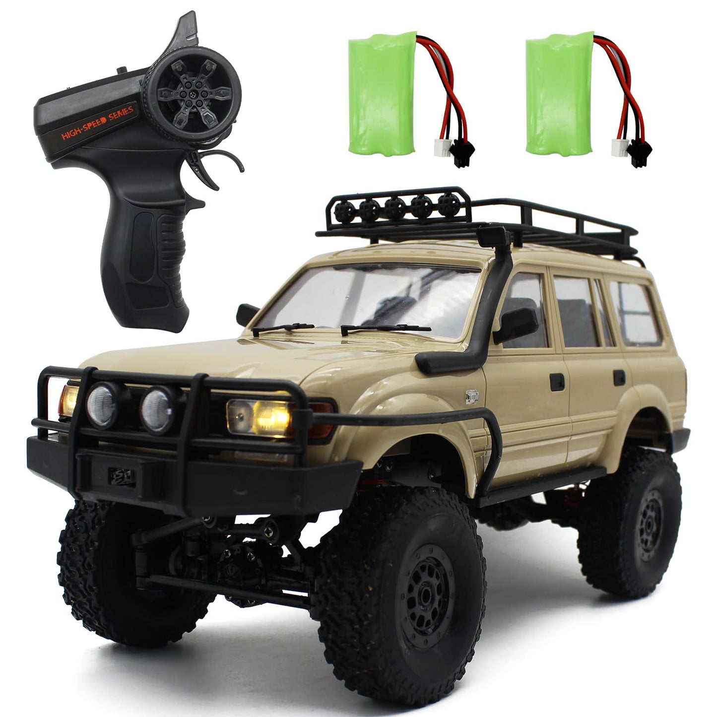 RC Rock Crawler – 1:16 Scale 4WD SUV with LED Lights, Snorkel, Roof Rack, Spare Tyre and 2 Batteries
