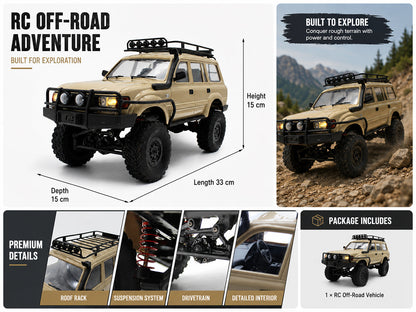 RC Rock Crawler – 1:16 Scale 4WD SUV with LED Lights, Snorkel, Roof Rack, Spare Tyre and 2 Batteries