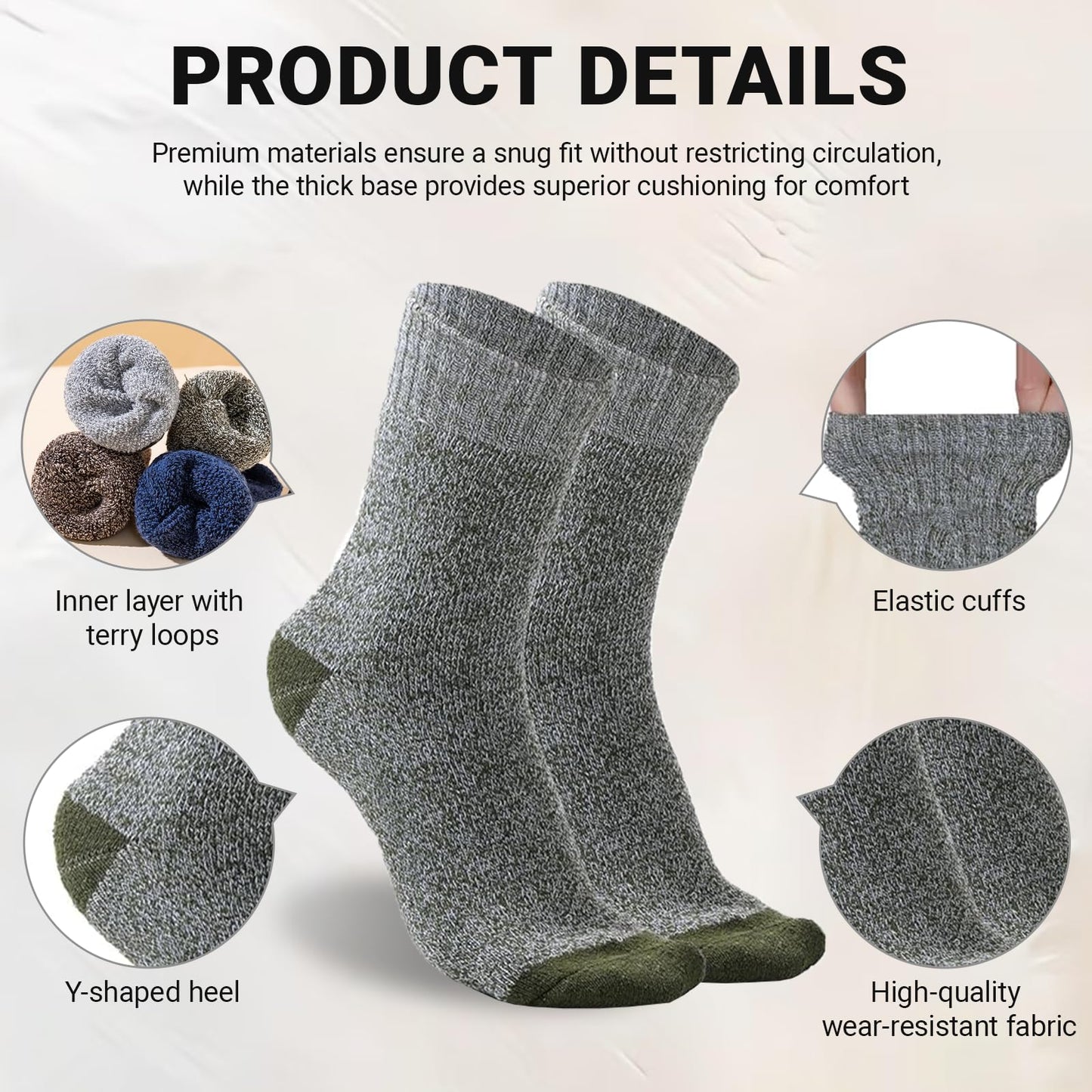 5 Pair Merino Wool Socks for Men Thick