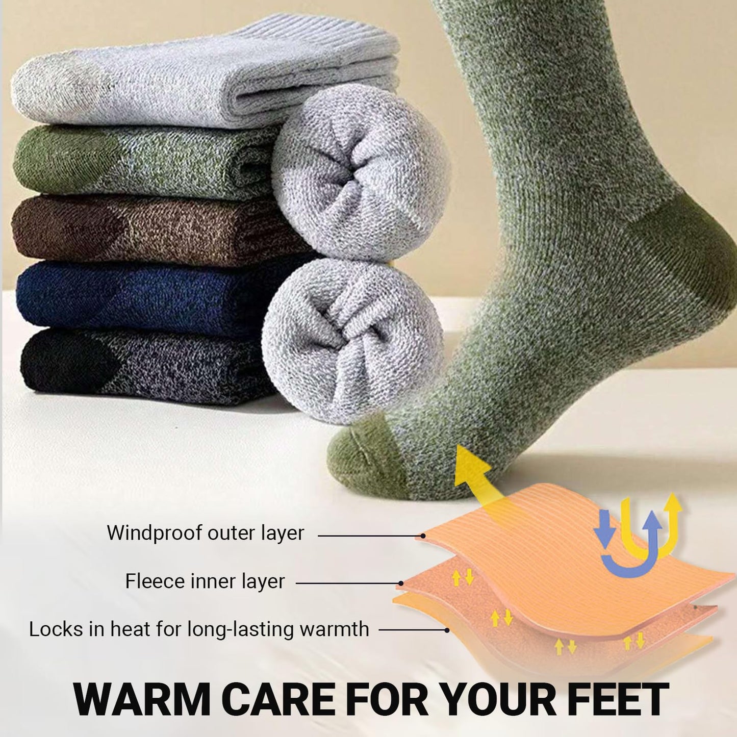 5 Pair Merino Wool Socks for Men Thick