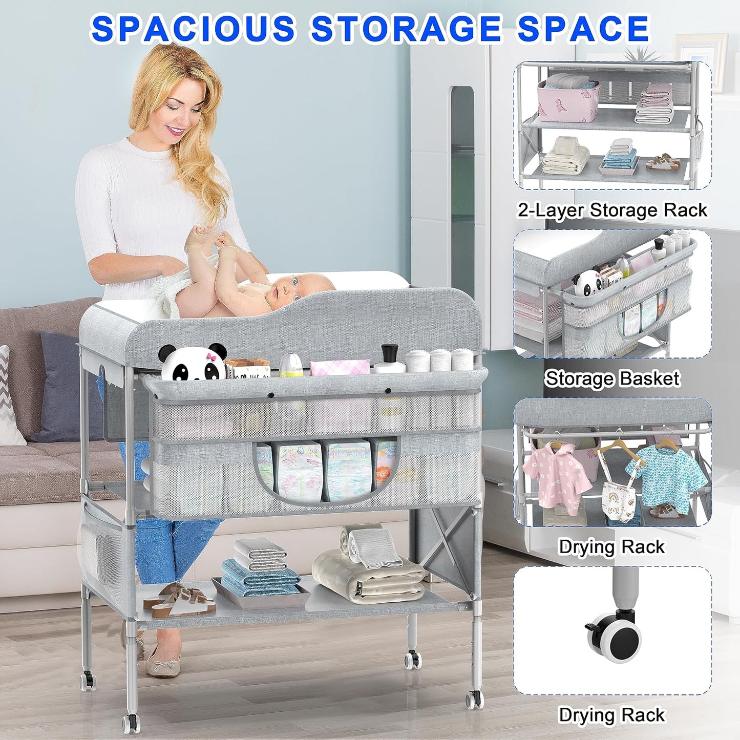 Foldable Nappy Changing Table with Storage
