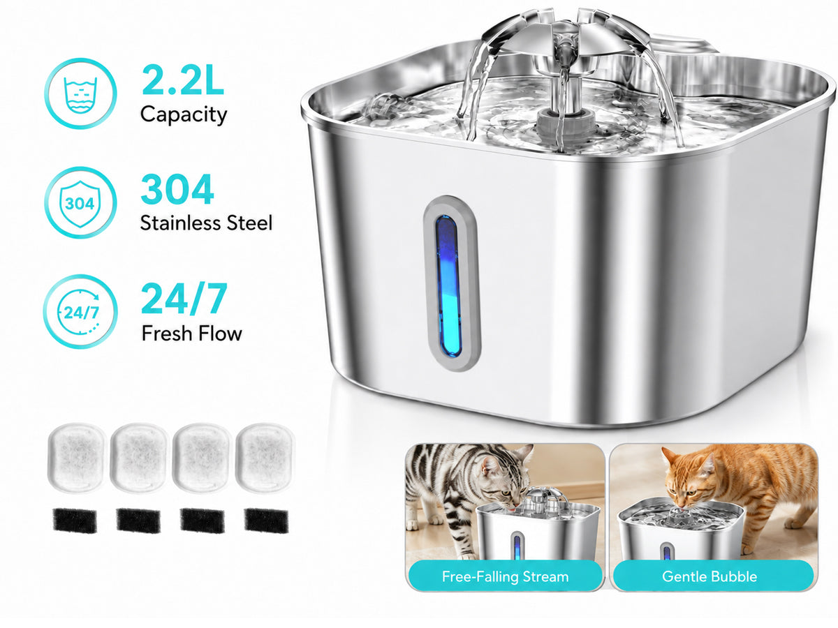 Stainless Steel Cat Water Fountain Water Dispenser with Dual Filter System