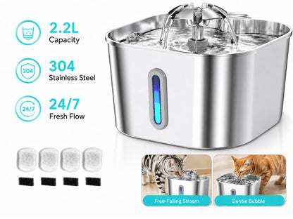 Stainless Steel Cat Water Fountain Water Dispenser with Dual Filter System