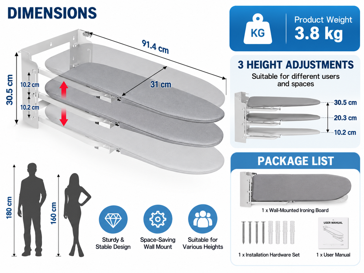 Wall Mounted Ironing Board with Height Adjustment Foldable