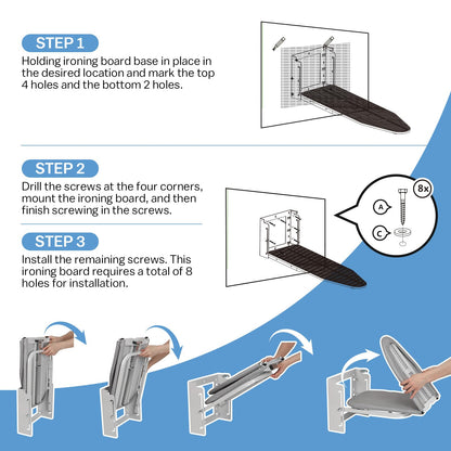 Wall Mounted Ironing Board with Height Adjustment Foldable