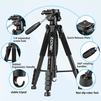 Camera Tripod with Phone Holder Lightweight Travel Max up 1.88m