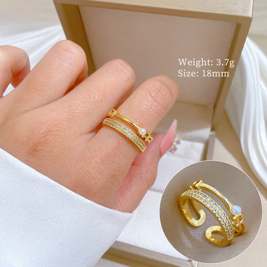 Pearl Luxe Gold Crystal Adjustable Ring
