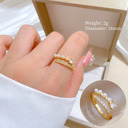 Pearl Grace Gold Crystal Adjustable Ring