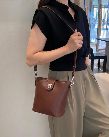 Retro Cube Coffee Brown Leather Crossbody & Mini Bucket Shoulder Bag