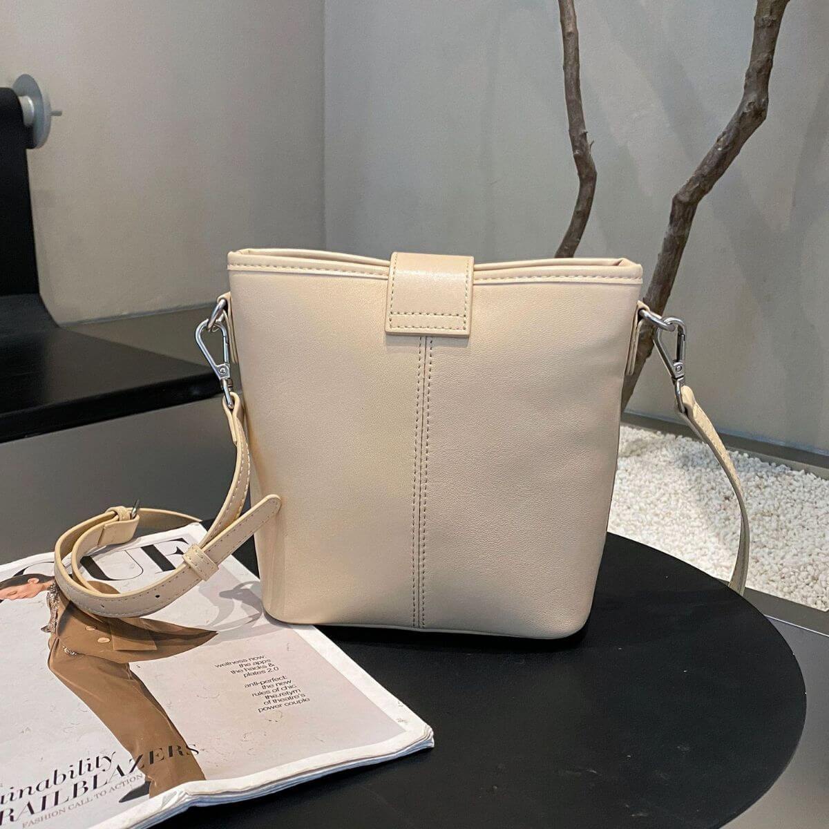 Retro Cube Cream Beige Leather Crossbody & Mini Bucket Shoulder Bag