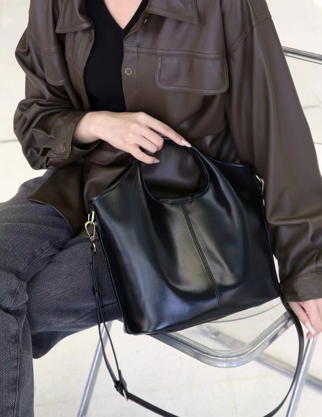 Retro Grace Black Leather Shoulder & Crossbody Bag