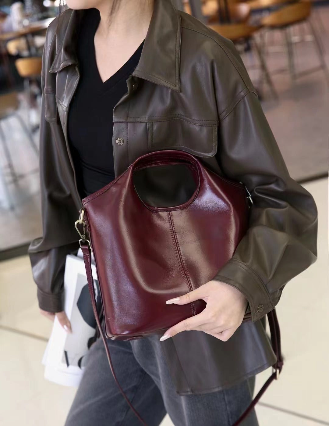 Retro Grace Burgundy Leather Shoulder & Crossbody Bag