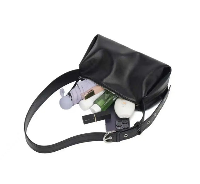 Black Leather HandBag with Adjustable Strap Shoulder Bag Crossbody Bag