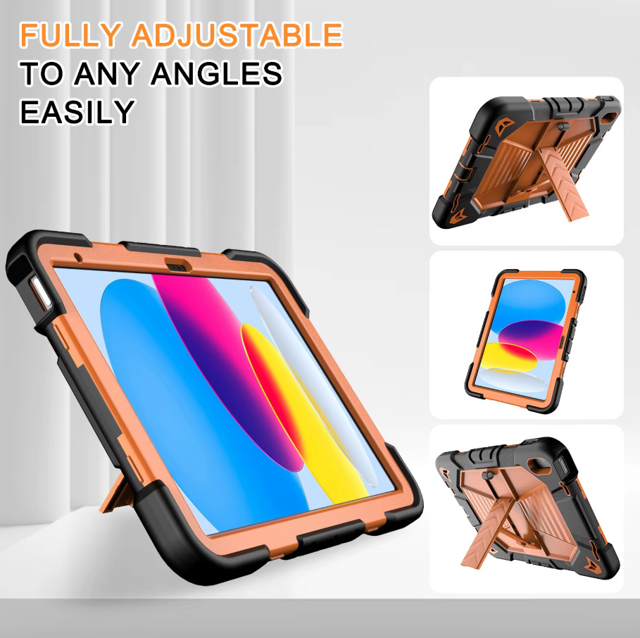 Rugged iPad 11th Gen 10.9" Case – Shockproof Cover Stand & Pencil Holder (Orange)