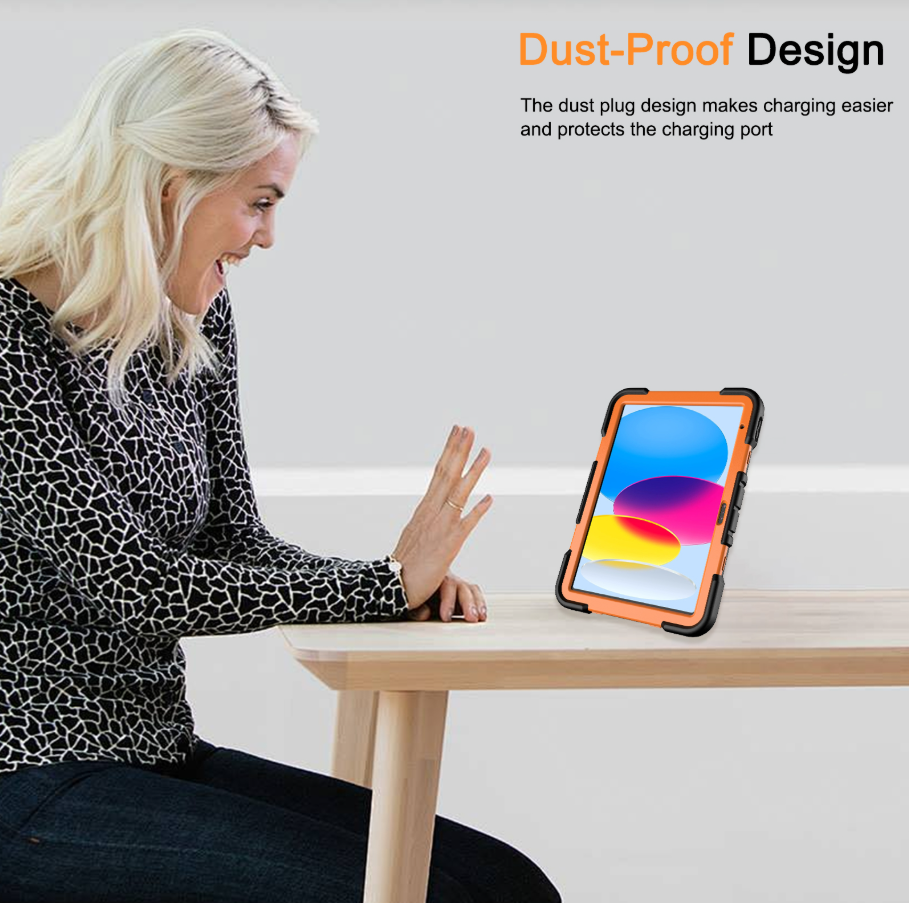 Rugged iPad 10th Gen 10.9" Case – Shockproof Cover Stand & Pencil Holder (Orange)