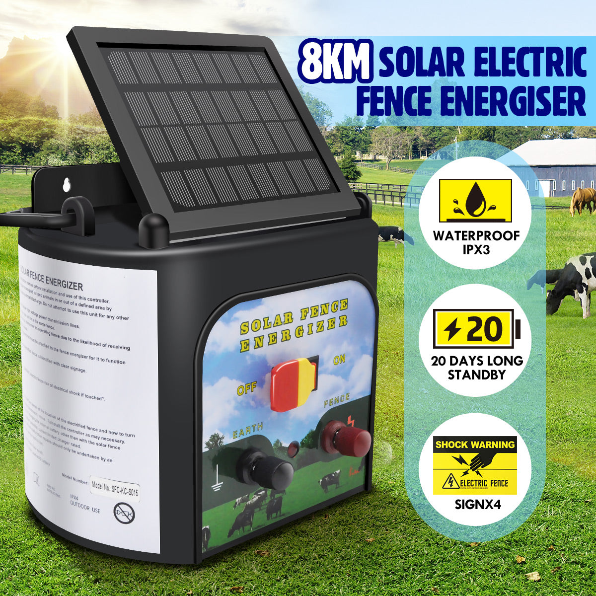 Solar Electric Fence Energiser 8Km