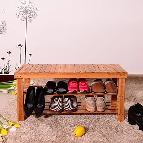 Bamboo Shoe Rack Bench 3-Tier Free Standing Wood Shoe Storage - The Shopsite