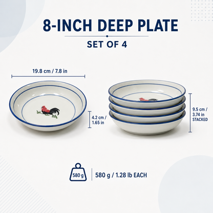 Red Rooster 8-Inch Deep Plates – Set of 4