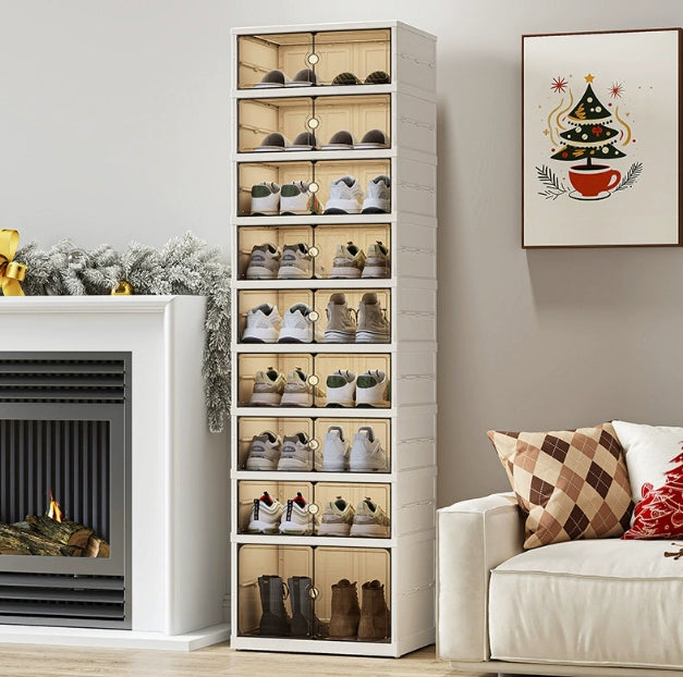 9-Tier Foldable Storage Box - Clear Stackable Shoe Organizer with Lids