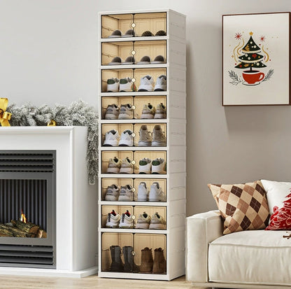 9-Tier Foldable Storage Box - Clear Stackable Shoe Organizer with Lids