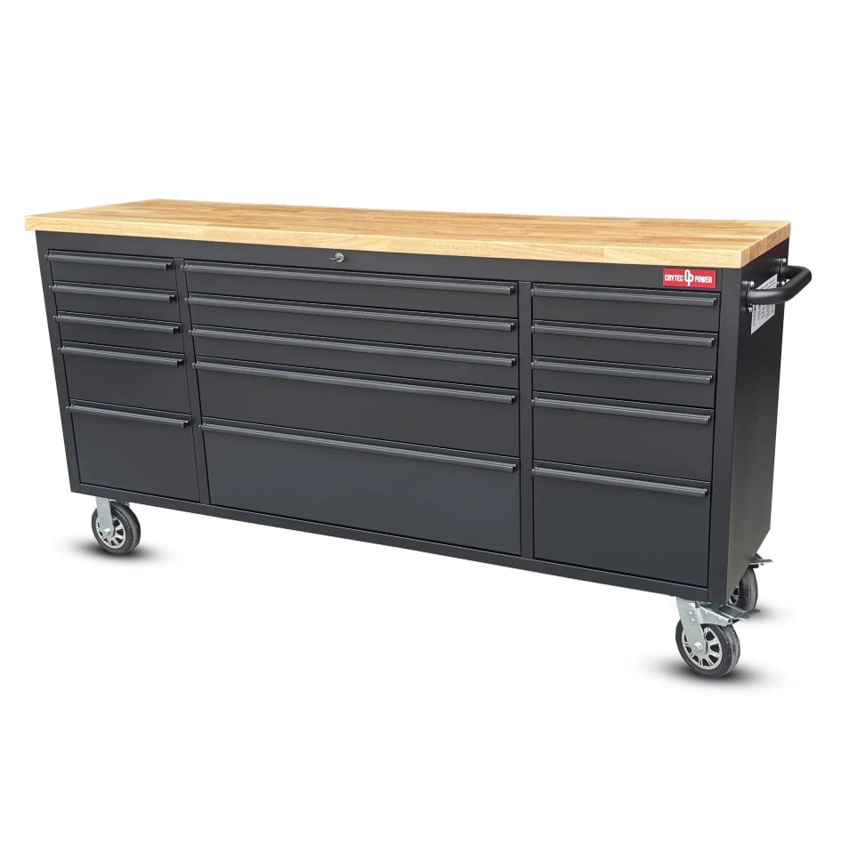 72 Inch 15 Drawers black Tool Chest workbench with wooden top