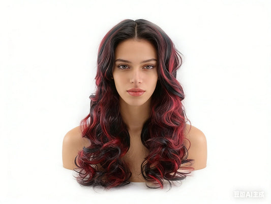 Women Long Wig Black with Red Synthetic Hair Full Wigs High Quality