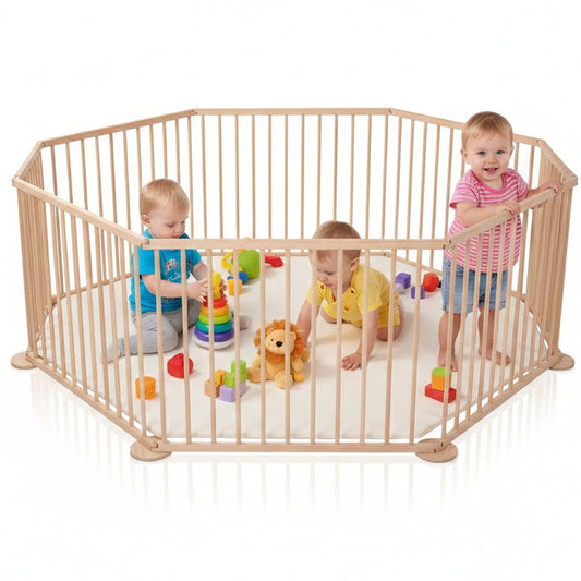 Wooden play yard with eight panels