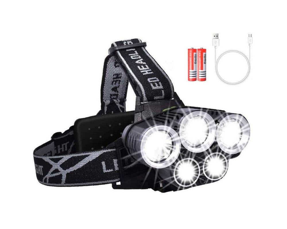Rechargeable Waterproof Headlamp Flashlight with 5 Cree LEDs